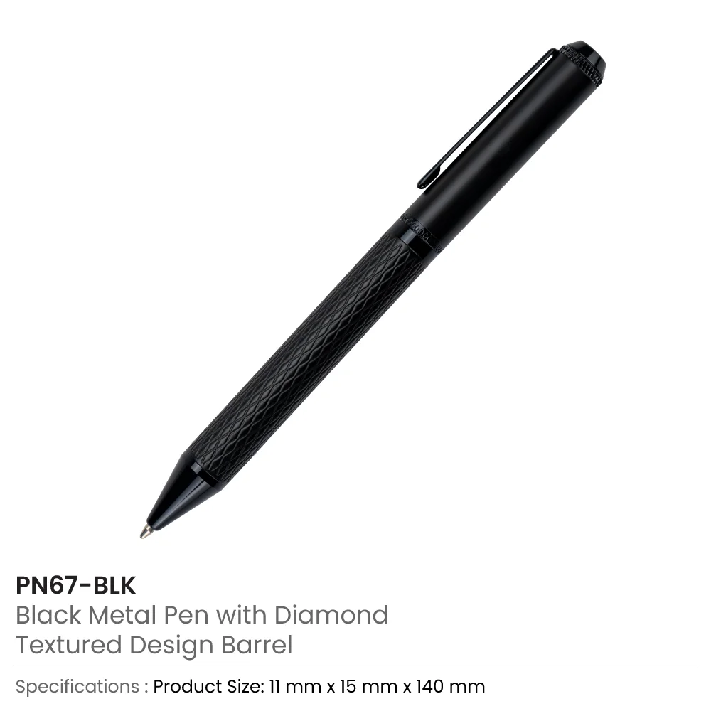 Black-Metal-Pens-with-Diamond-Textured-Design-Barrel-PN67-BLK-Details.webp
